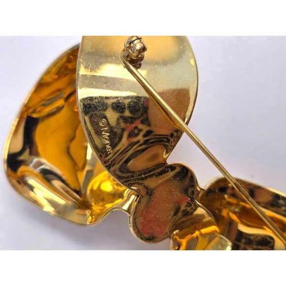 Vintage Monet Gold-Tone Bow Brooch Pin Classic Statement Jewelry - Picture 3 of 4